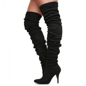 Qupid Monet-23 Black Over-the-Knee Boots | Stiletto Heel Thigh High Stretch Boots