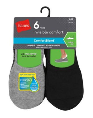 Hanes Mens ComfortBlend Cushioned No-Show Liner Socks Active Cut 6-Pack-IC26