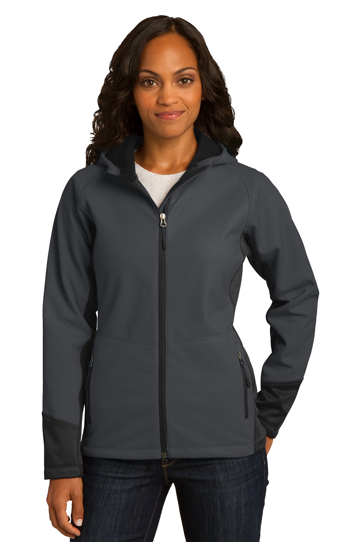 Port Authority Ladies Vertical Hooded Soft Shell Jacket. L319