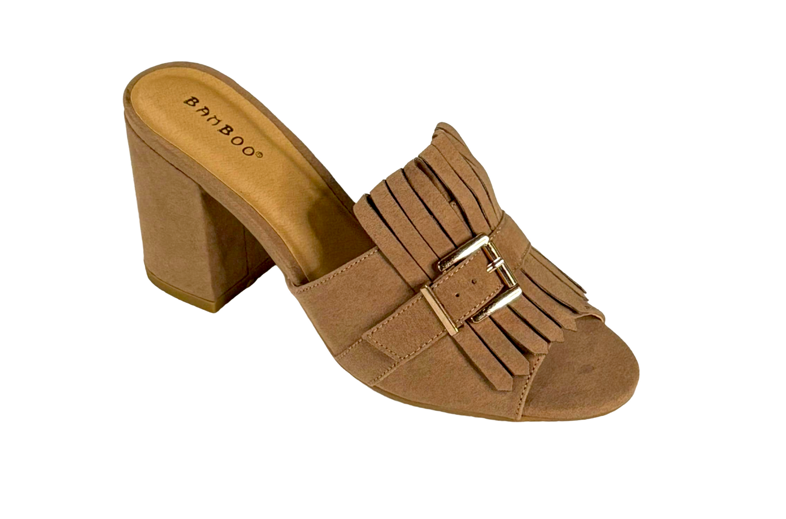 Bamboo Appetite-35S Women's Fringe Block Heel Mule Sandals