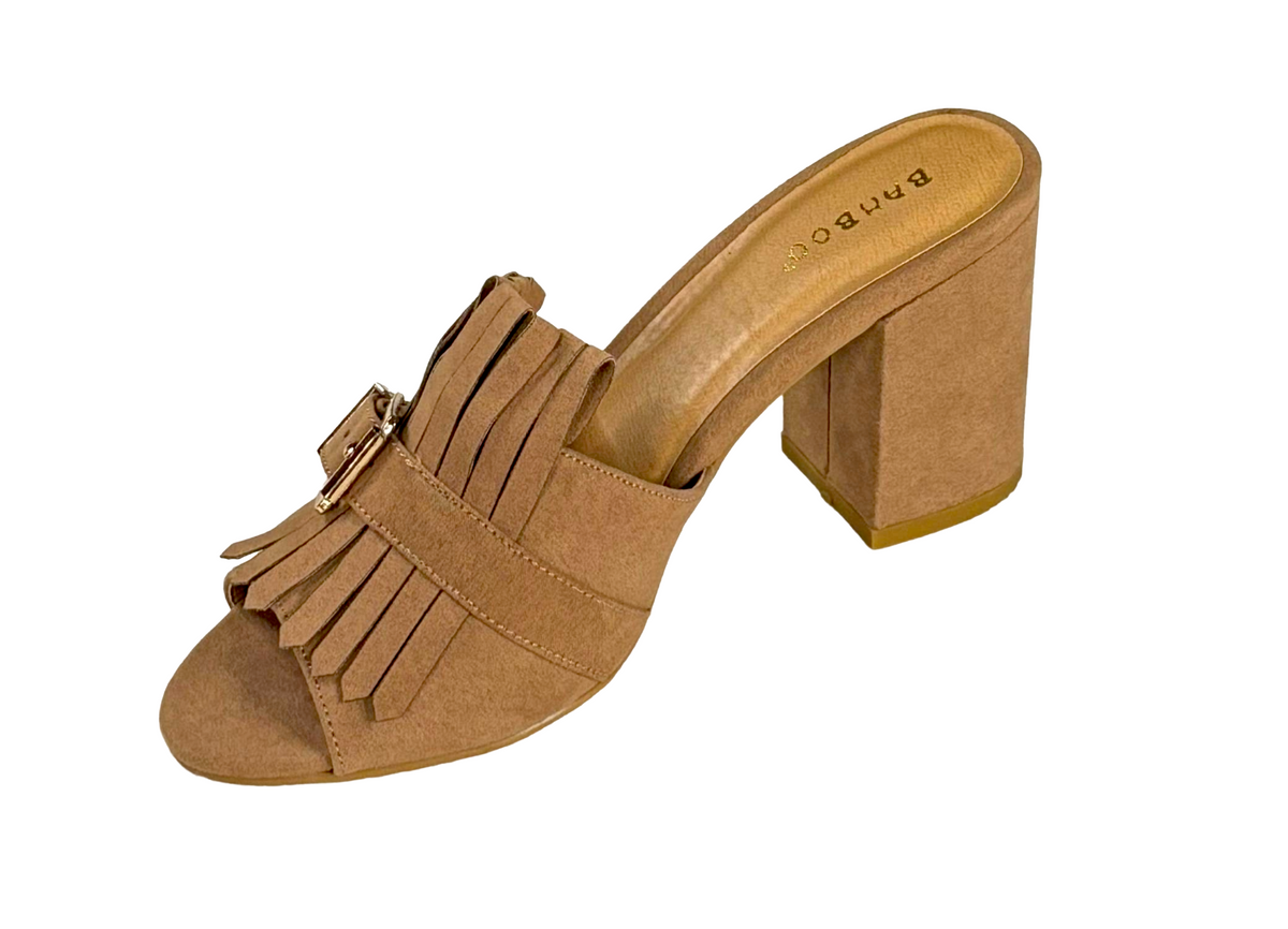 Bamboo Appetite-35S Women's Fringe Block Heel Mule Sandals