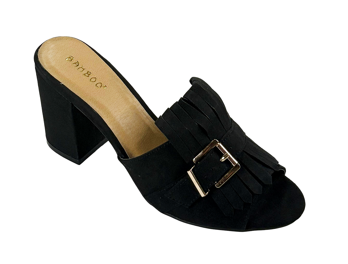 Bamboo Appetite-35S Women's Fringe Block Heel Mule Sandals