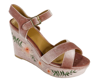 Qupid Ardor-140 Women’s Floral Embroidered Velvet Wedge Sandals