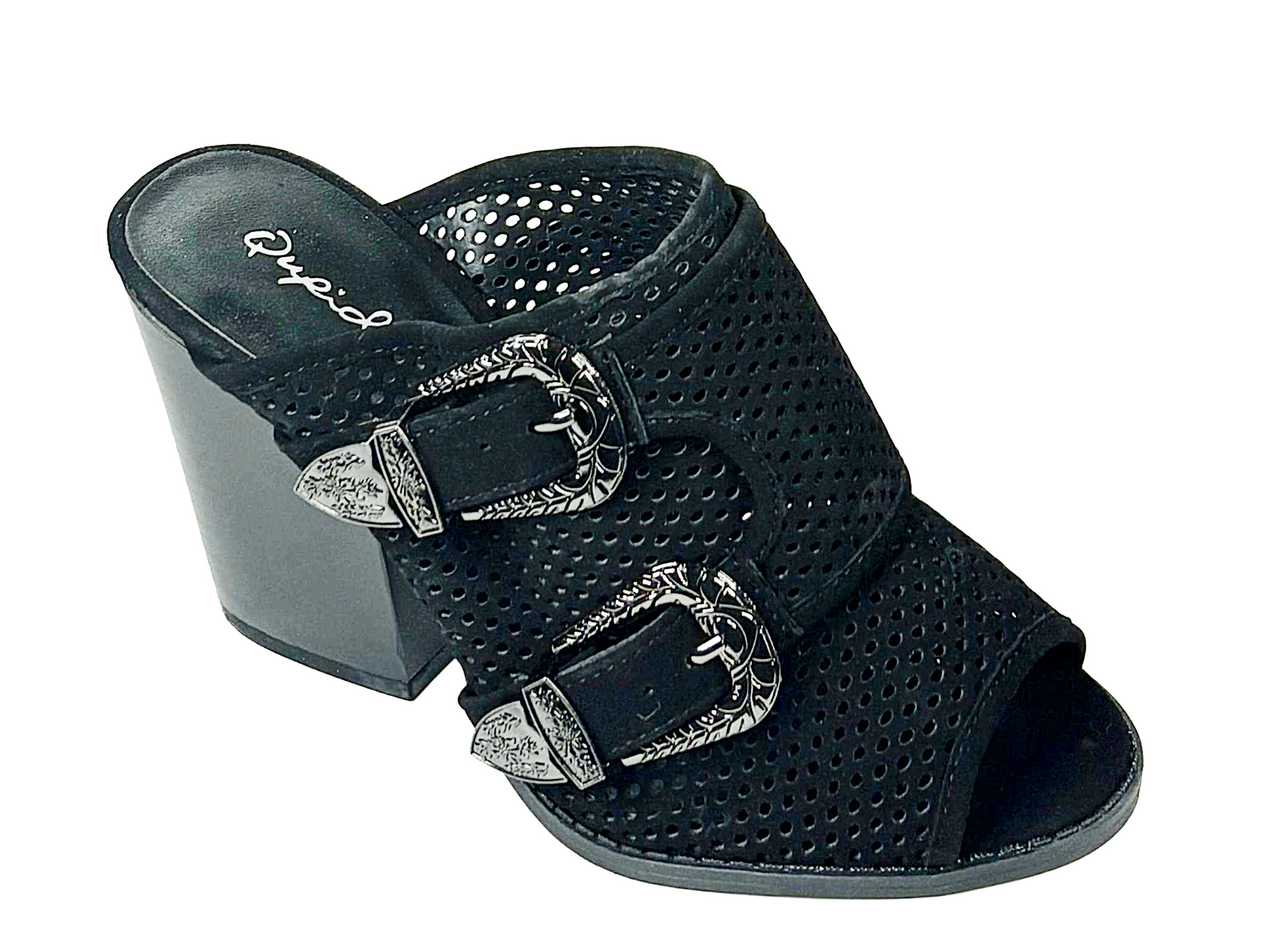 Qupid Barnes-80AX Western Buckle Peep Toe Mule Heels
