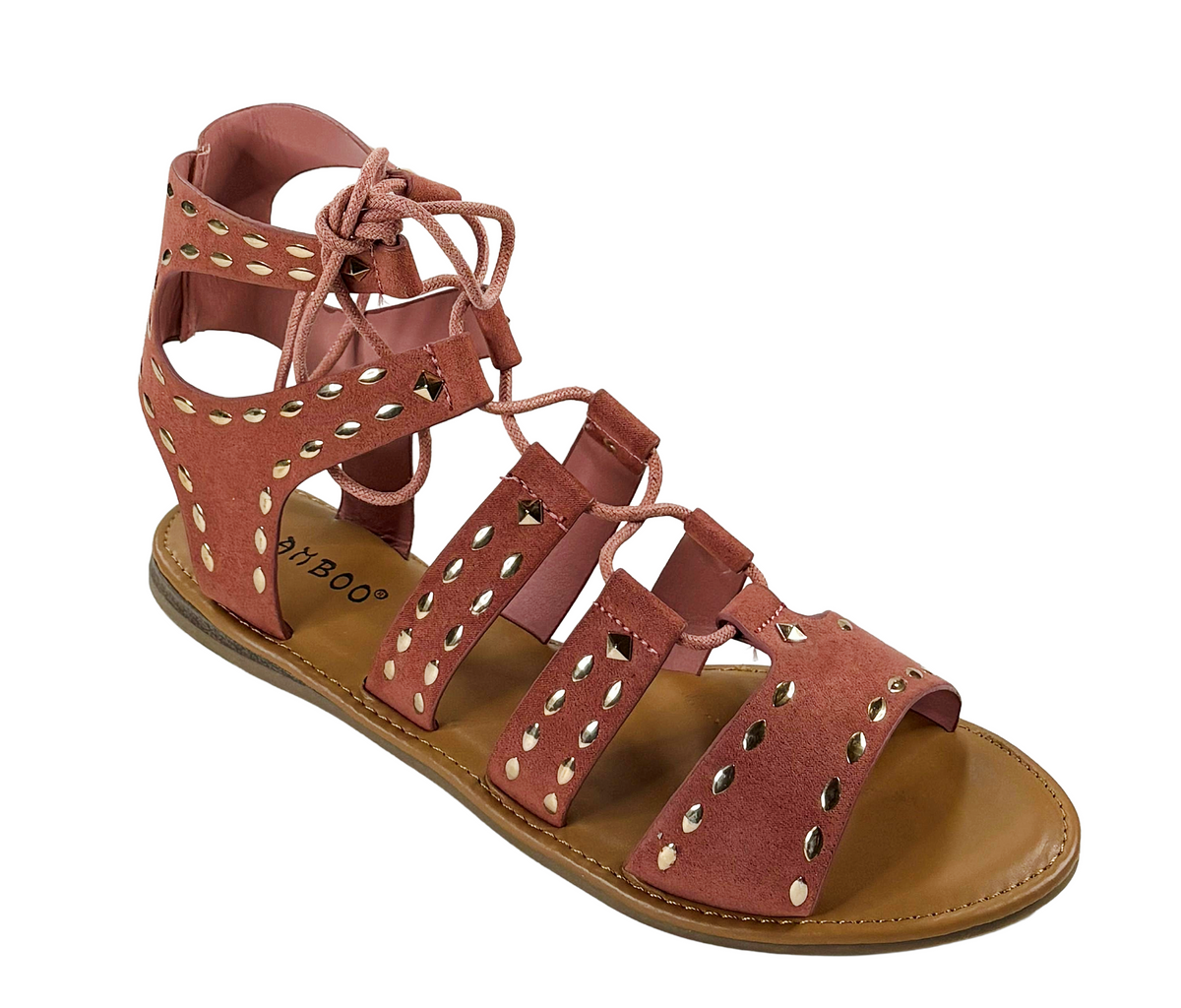 Bamboo Bliss-06M Women Studded Gladiator Lace-Up Flat Sandals