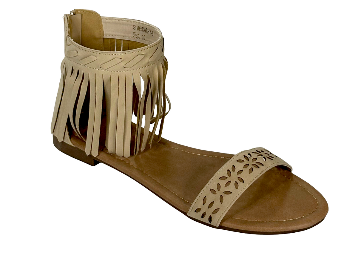 Adriana Cathy-8 Women Fringe Ankle Flat Sandal Cutout Strap
