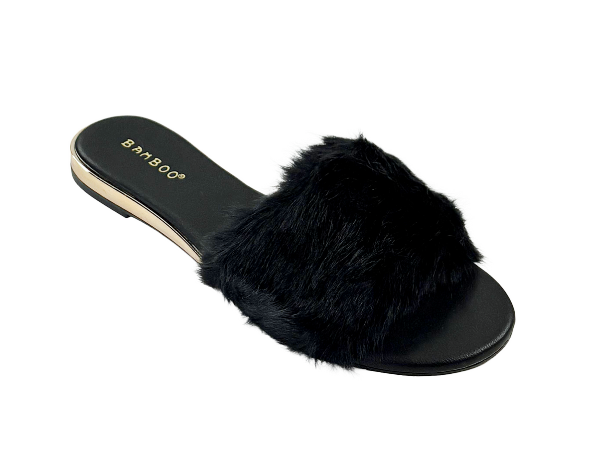 Bamboo Interest-14 Women Faux Fur Slide Sandals Flat Slippers