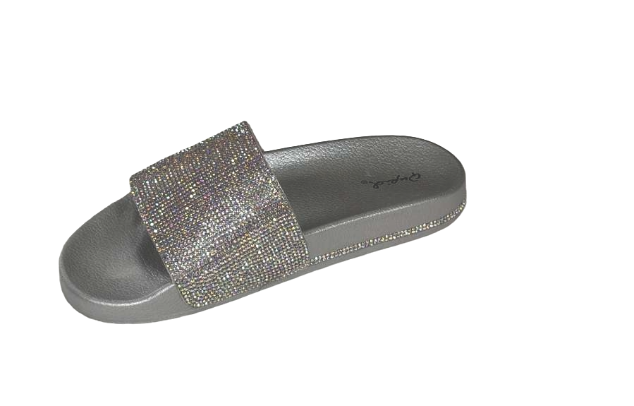 Qupid Kissy-01 Slide Sandals Women Rhinestone Glitter Strap Silver Comfort Slip
