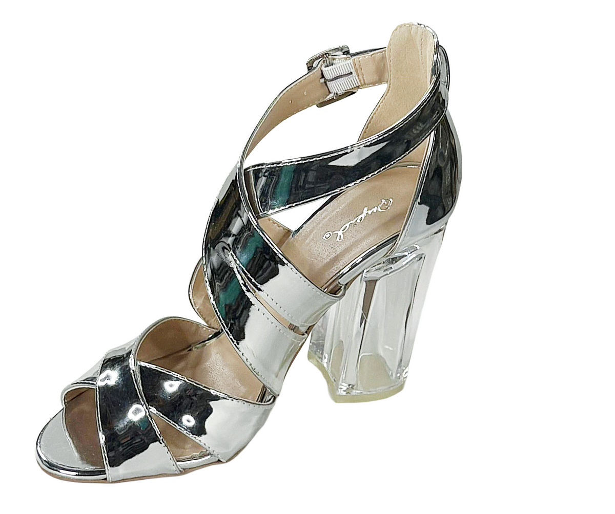 Qupid Kloude-12A Women Metallic Strap Heel Clear Block