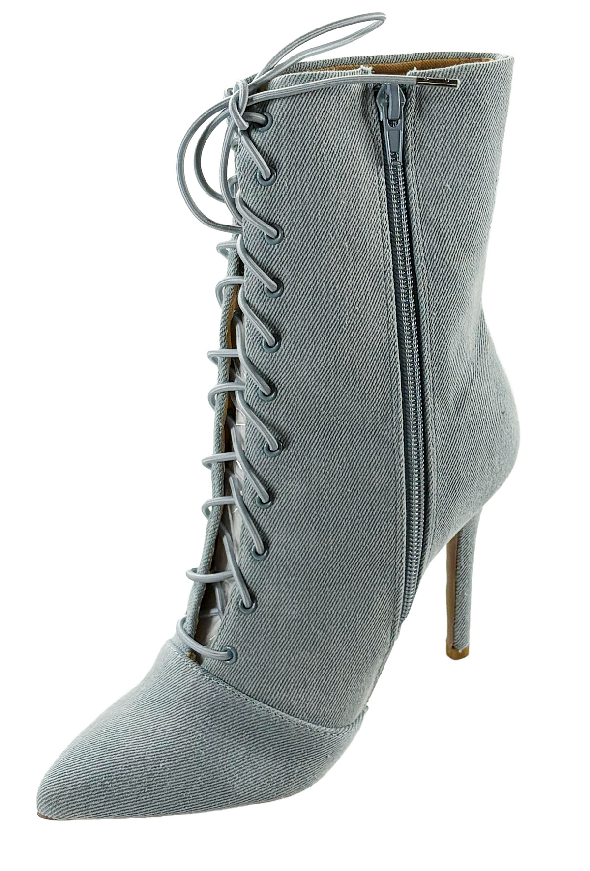 Qupid Milia-63 Women’s Denim Lace-Up Stiletto Ankle Boots