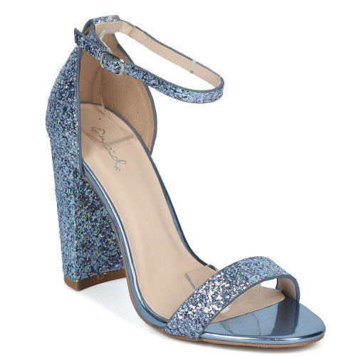 Qupid Cashmere-34 Women's Ankle Strap Chunky Heel Glittered Sandal