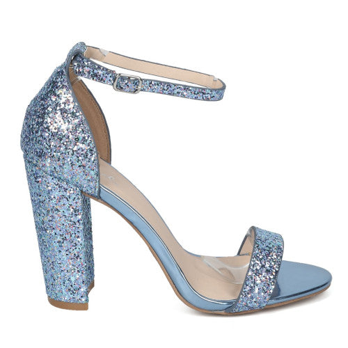 Qupid Cashmere-34 Women's Ankle Strap Chunky Heel Glittered Sandal