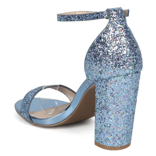 Qupid Cashmere-34 Women's Ankle Strap Chunky Heel Glittered Sandal