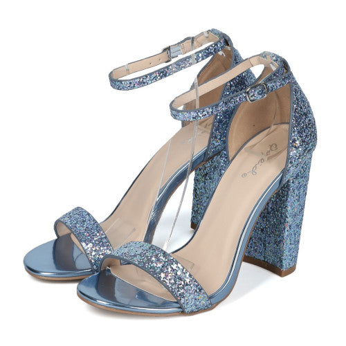 Qupid Cashmere-34 Women's Ankle Strap Chunky Heel Glittered Sandal