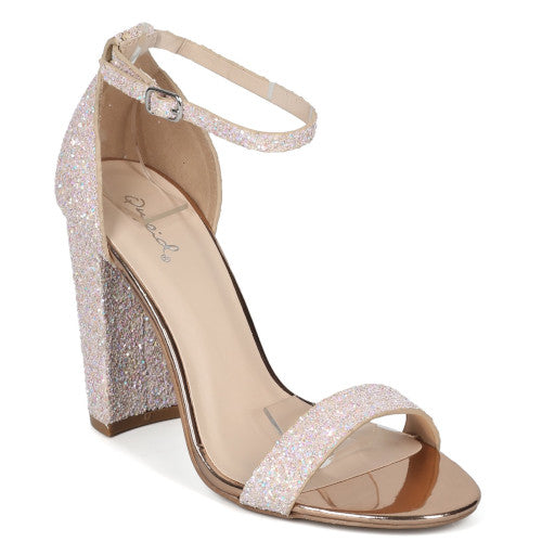 Qupid Cashmere-34 Women's Ankle Strap Chunky Heel Glittered Sandal