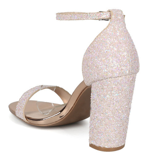 Qupid Cashmere-34 Women's Ankle Strap Chunky Heel Glittered Sandal