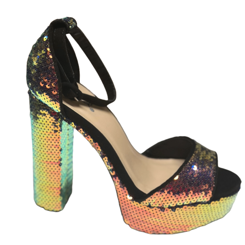 Qupid Esme-11 Women's Bling Sequin Chunky High Heels Sandals