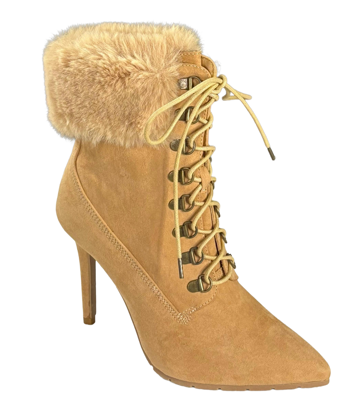 Qupid Scorpio-05 Women's Faux Fur Lace Up Heeled Ankle Boots