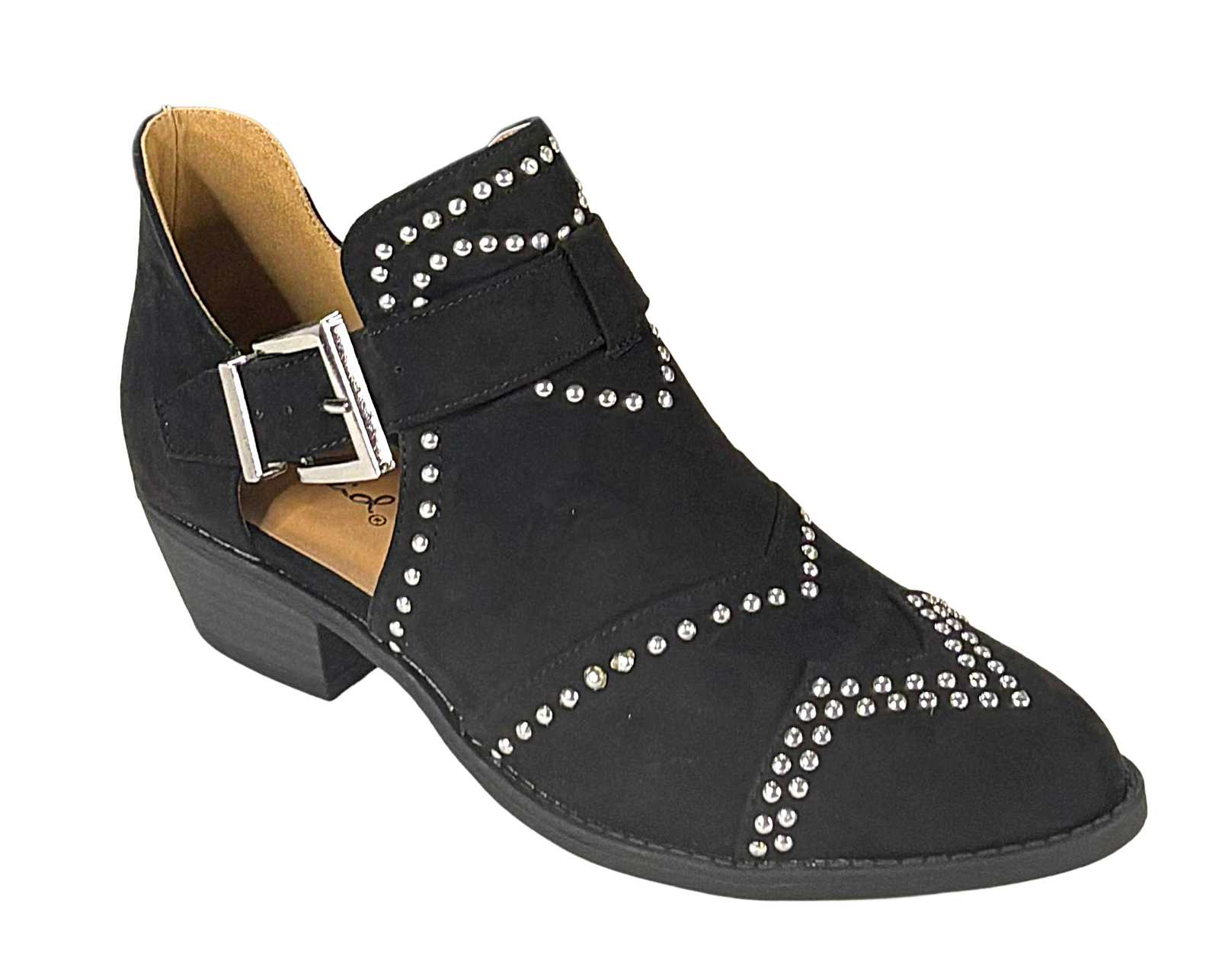 Qupid Sochi-123 Studded Cutout Booties Low Heel Buckle Shoes