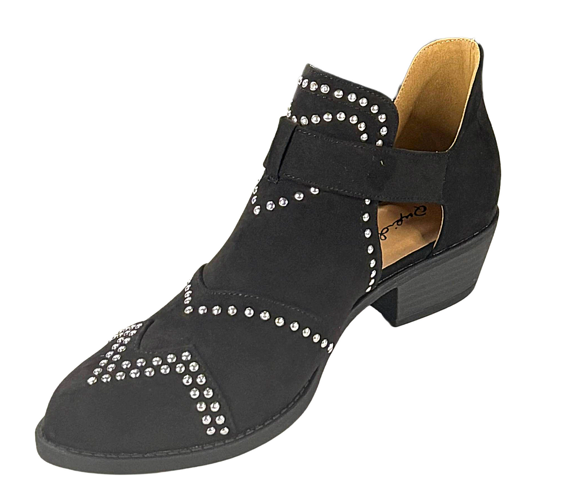 Qupid Sochi-123 Studded Cutout Booties Low Heel Buckle Shoes