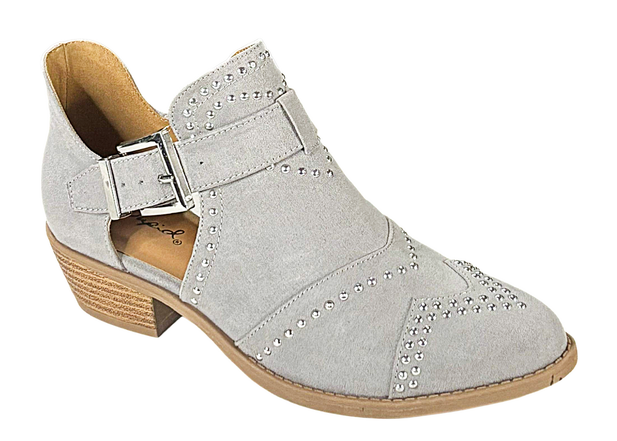 Qupid Sochi-123 Studded Cutout Booties Low Heel Buckle Shoes