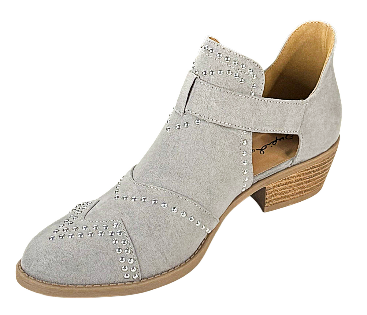 Qupid Sochi-123 Studded Cutout Booties Low Heel Buckle Shoes