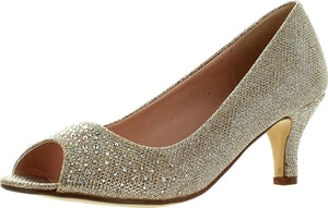 Qupid Bonnibel Wonda-02 Women’s Glitter Peep Toe Mid Heel Pumps