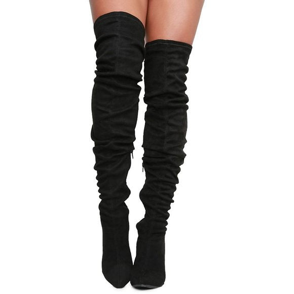 Qupid Monet-23 Black Over-the-Knee Boots | Stiletto Heel Thigh High Stretch Boots