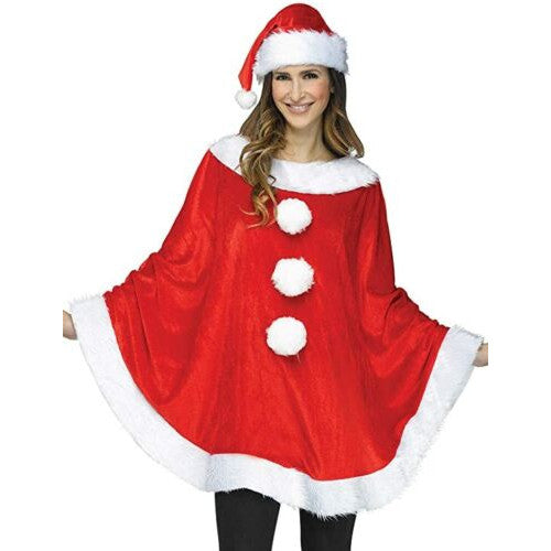 Fun World Womens Christmas Santa Hollyday Printed Poncho Holiday Shirt and Hat