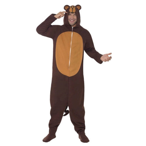 New Brown Fuzzy Monkey Unisex Hooded Jumpsuit Animal Costume