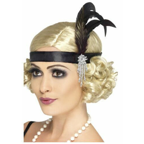 Charleston Flapper Stretch Satin Headband / Jewels Feathers / Costume Accessory
