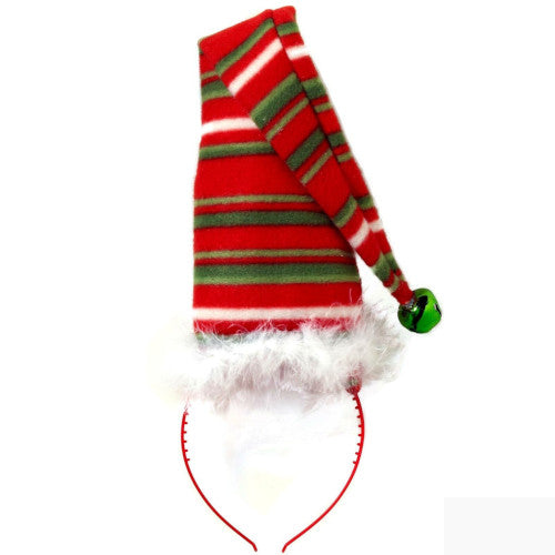 Cute Long Festive Elf Striped Christmas Hat W/ Bell Headband, Red Green White