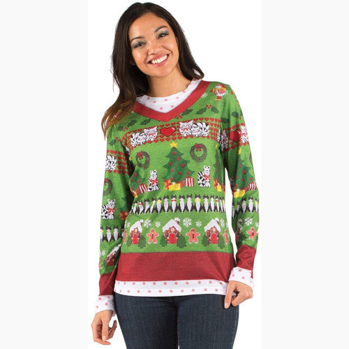 Faux Real Ugly Christmas Sweater Ladies Xmas Cats Holiday Shirt Costume