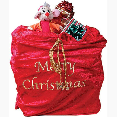 Christmas Holiday Santa Toy Bag Velvet Golden Colored Lettering Drawstring