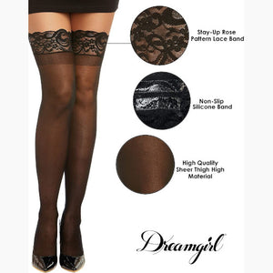 Dreamgirl Women's Sheer Lace Top Thigh Highs, Black, One Size