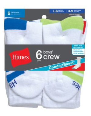 Hanes Boys' Crew ComfortBlend Assorted Socks 6-Pack-431-6