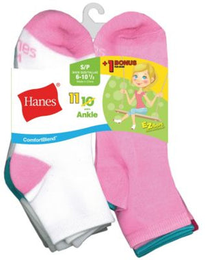 Hanes ComfortBlend EZ-Sort Girls' Ankle Socks 11-Pack (Includes 1 Free Bonus Pair)-G40/11