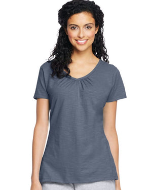 Hanes Women's Slub Jersey Shirred V-Neck-O9253